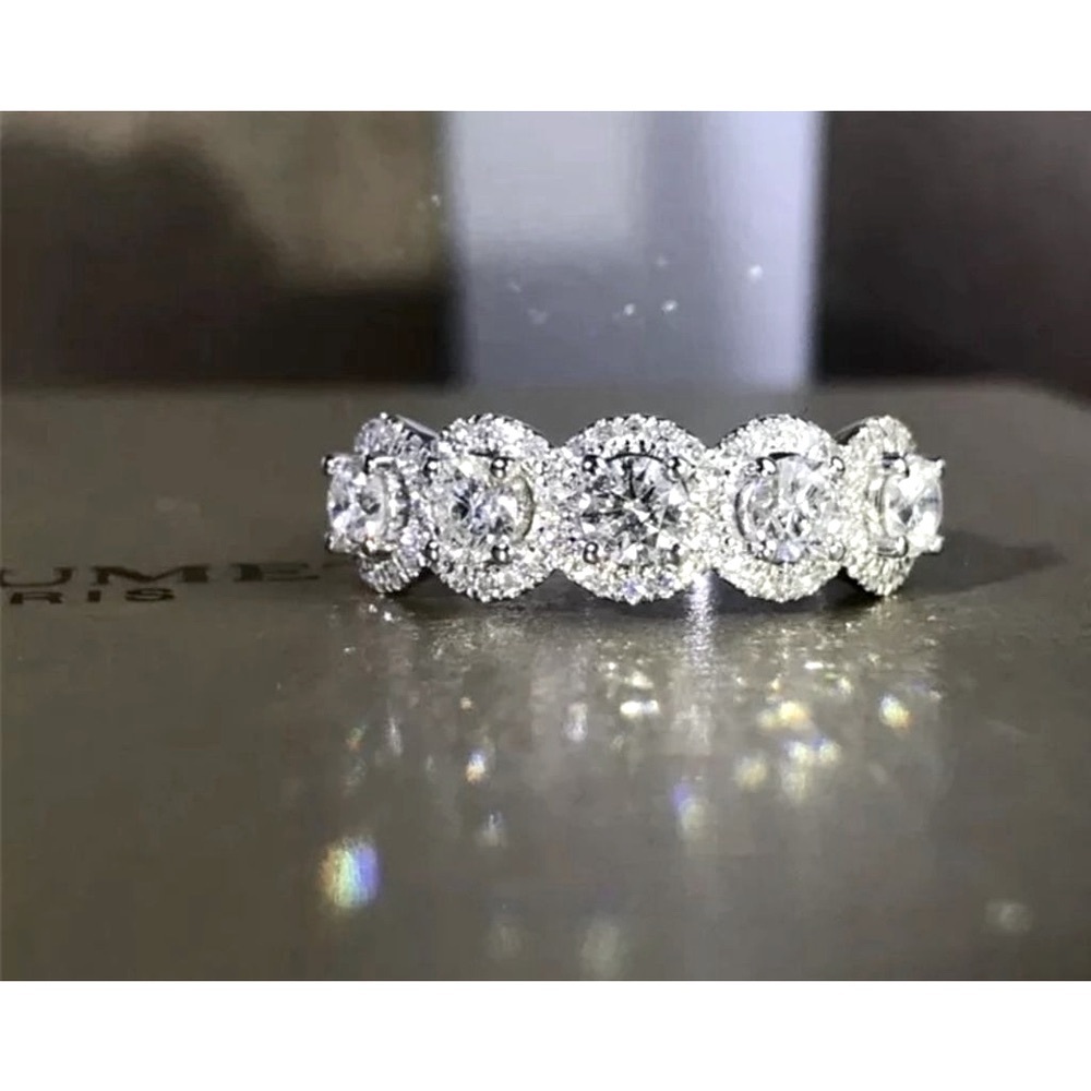 5 Stone Halo Simulated Diamond Ring | Platinum Plated Sterling Silver